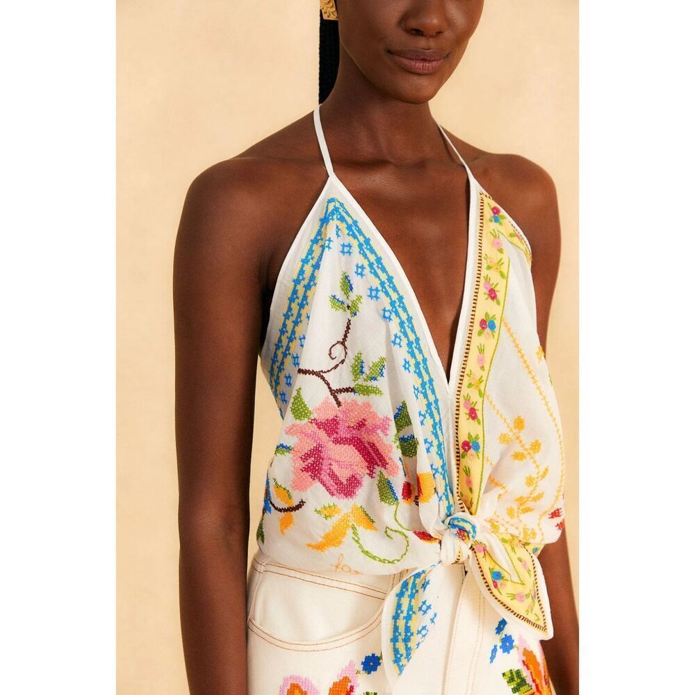 Farm Rio Grandma Gift Embroidered Halter Top Blouse L Large NEW